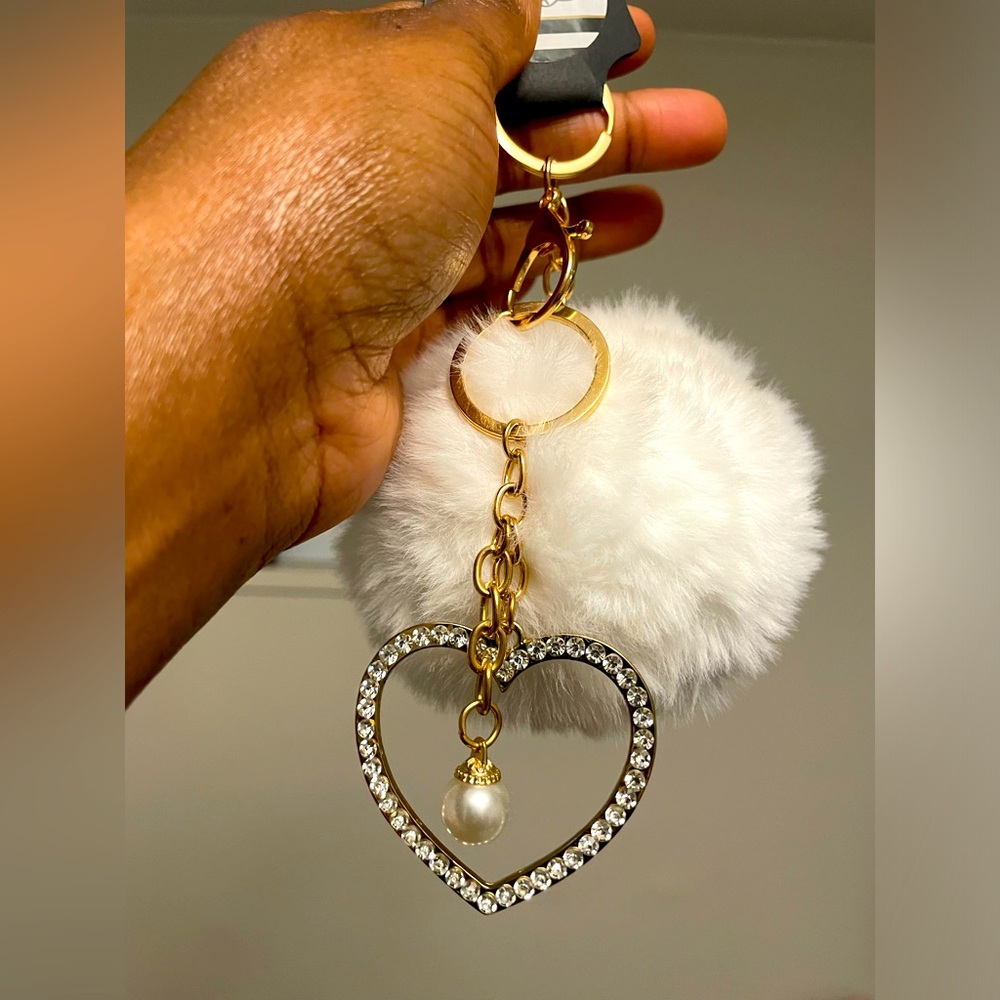 Giant White Puff and Heart Keychain Purse Charm